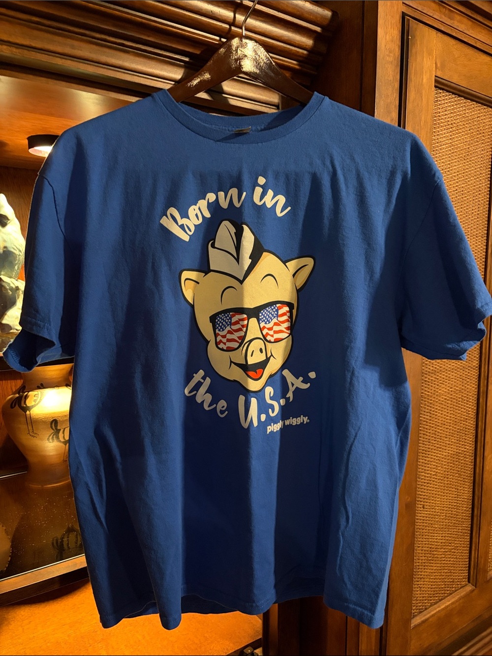 ‘Merica Baby 🇺🇸 Born in the U.S.A. Piggly Wiggly Blue Graphic Tee XL 100% Cotton